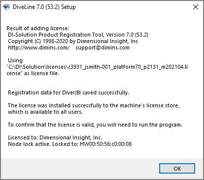 The Setup dialog box registration data.